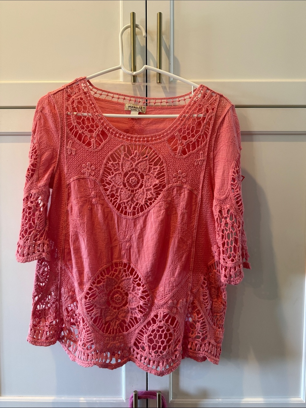 ONE WORLD Coral Crochet Knit Boho Top medium 100% Cotton